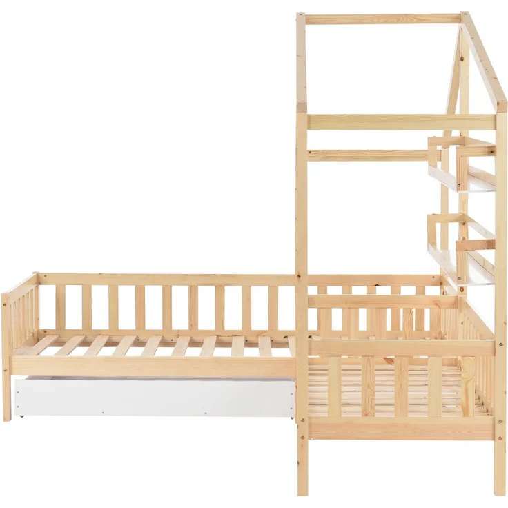 U-life Hausbett L-Form 90x200 cm und 140x70 cm, Kinderbett mit Schubladen und Regalen, Massivholz mit Sicherheitszaun und Lattenrost, Natur – Bild 8