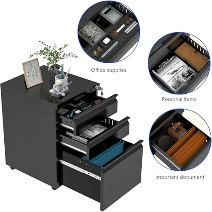 FLEXISPOT Aktenschrank Aufbewahrungsschrank (Rollcontainer, Büroschrank, rollcontainer Schreibtisch mit 3 Schublade für Büro) Wohnzimmer & Schlafzimmer,mit Schlüsselschloss und Anti-Kipp-Rad – Bild 5