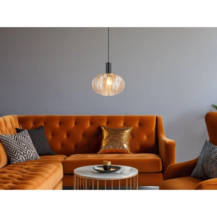 Pendelleuchte ELVEZIA einflammig mit Kugel Glasschirm Amber Ø 26cm – Bild 8