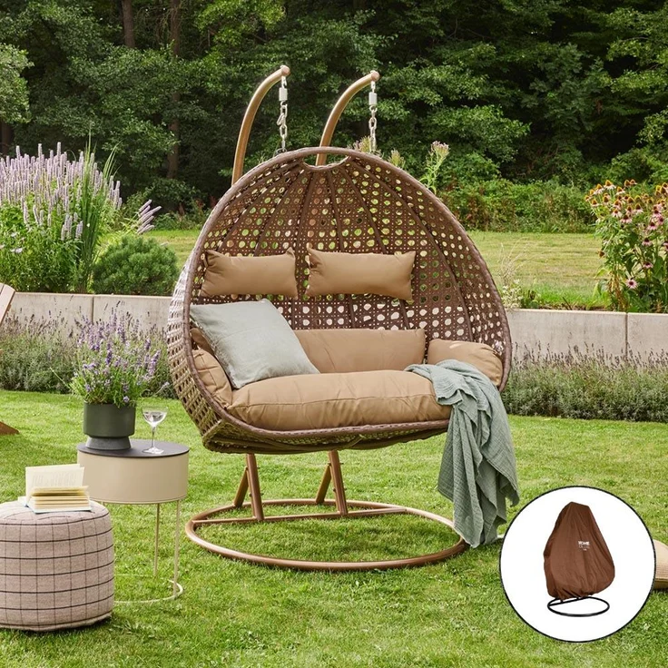 HOME DELUXE 'TWIN' Hängesessel mit Regenabdeckung, Polyrattan braun, ‎74 x 145 x 195 cm – Bild 1