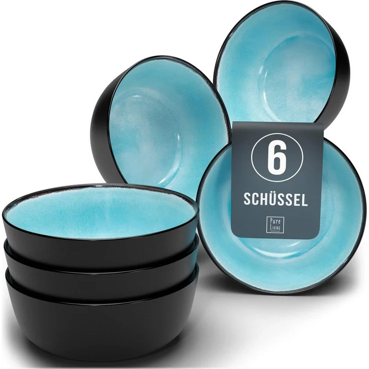 Steingut Müslischalen 6 Personen Ibiza TESTSIEGER, Traumhaftes Mediterranes Steingut Müsli Schüssel Set, Kleine Schüssel, Müslischale - Pure Living in Aquamarin – Bild 1