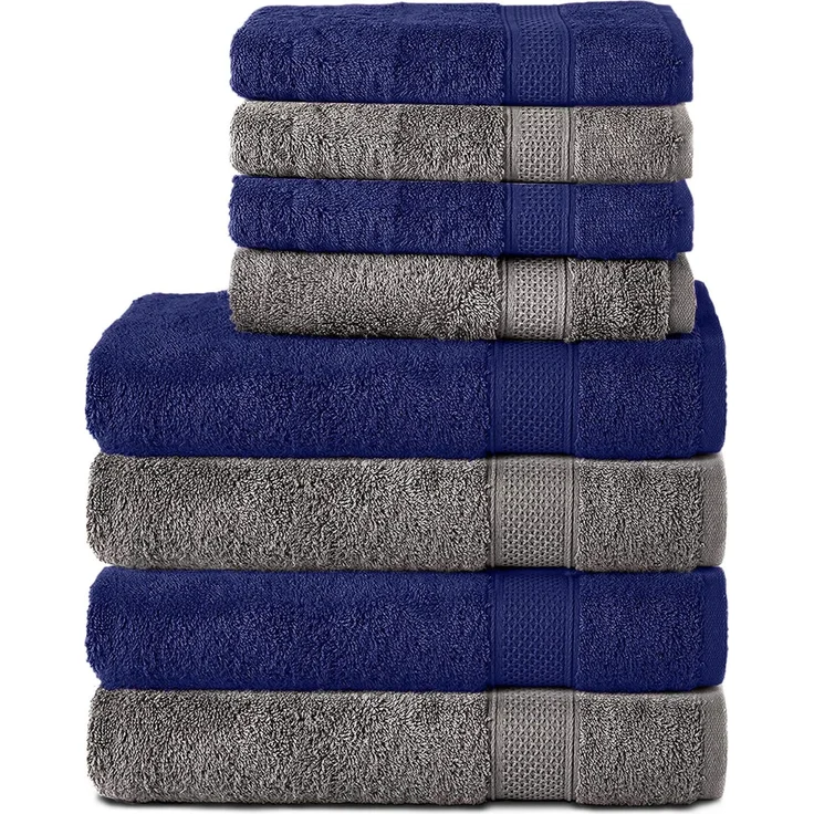 Komfortec 8er Handtuch Set aus 100% Baumwolle, 4 Badetücher 70x140 und 4 Handtücher 50x100 cm, Frottee, Weich, Towel, Groß, Anthrazit Grau/Navyblau