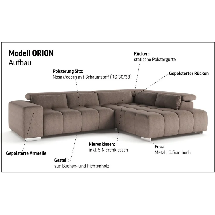 COTTA Ecksofa Orion L-Form, B: 310 cm, Kopfteilverstellung & 5 Nierenkissen – Bild 4