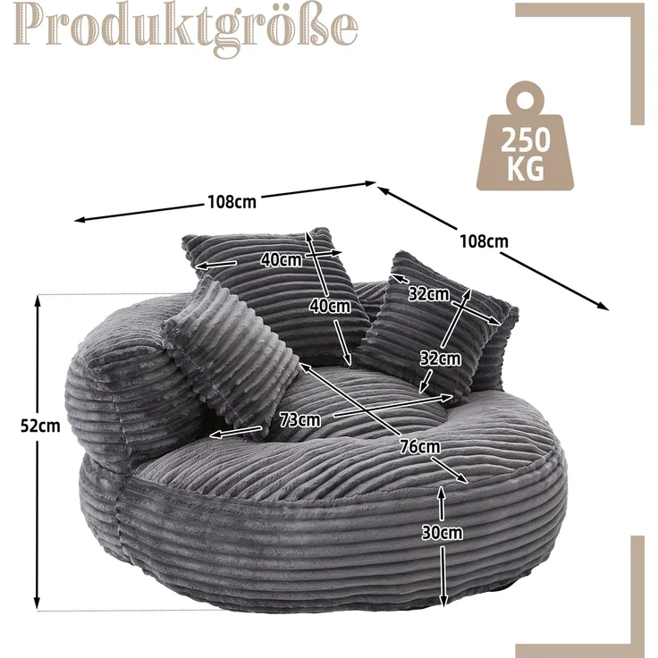 Cord-Sitzsack – ein strapazierfähiger und bequemer Liegesessel, Sitzsack mit hoher Rückenlehne, ausgestattet mit drei Kissen, geeignet für Erwachsene und Kinder (dunkelgrauer Cord)--Dunkelgrau--108x108x52cm--YOUDENOVA – Bild 6