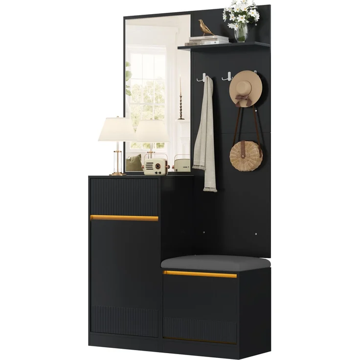 DESVIAE Garderobenschrank Kompaktgarderobe Schwarz aus MDF/Spanplatte – 105x190x38 cm – LED-Beleuchtung – Bild 7