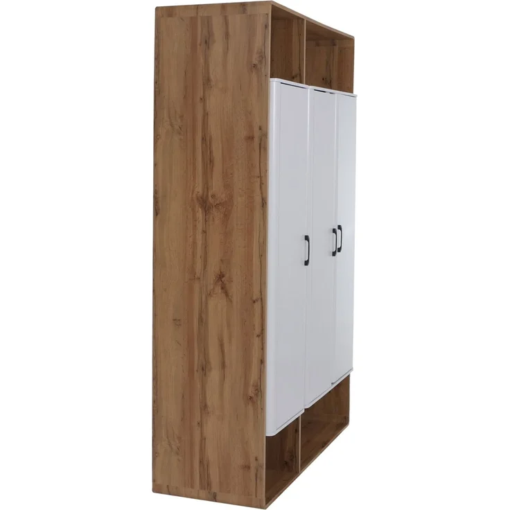 Schrank HWC-P43, Garderobenschrank Kleiderschrank Highboard 3 Türen MDF 200x120x55cm ~ Wotan-Eiche-Optik, weiß – Bild 7