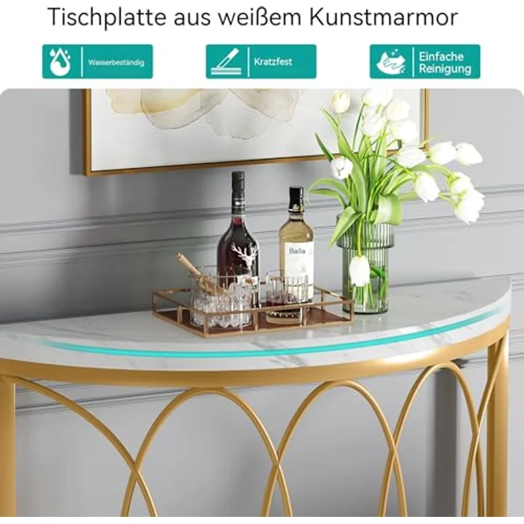 LITTLE TREE Half Moon Gold Konsolentisch, 109 cm, moderner Kunstmarmor-Eingangstisch, schmaler Halbkreis-Sofa-Akzenttisch mit geometrischem Metallrahmen für Wohnzimmer, Flur – Bild 4