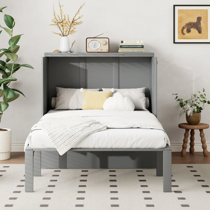 Novelux Vertikales Schrankbett 90x200 cm Wandklappbett mit Lattenrost – Platzsparendes Einzelbett aus Holz & Metall für kleine Räume, Grau, 150 kg – Bild 5