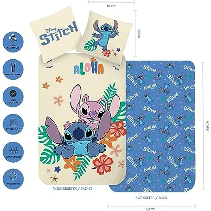 MTOnlinehandel Bettwäsche Lilo & Stitch 135x200 + 80x80 cm, 100 % Baumwolle, Renforcé, 2 teilig, Disney's Kinderbettwäsche mit Reißverschluss – Bild 2