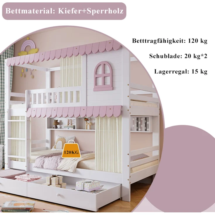 Merax Etagenbett 90x200cm mit 2 Schubladen, Kinderbett Hausbett mit Regal, Hochbett mit Lattenrost und Leiter, Stockbett Holzbett, Weiß+Rosa – Bild 7
