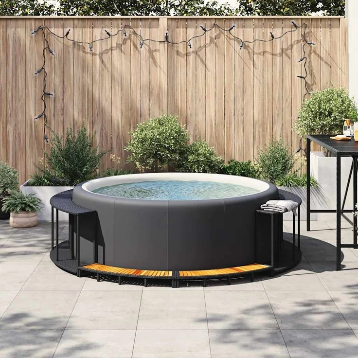 vidaXL Whirlpool-Umrandung mit Stauraum Holztreppe Schwarz Poly Rattan 365610 – Bild 3