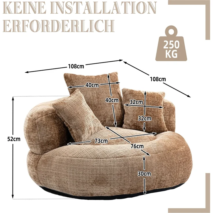 DESVIAE Sitzsack aus Chenille, Kaffee, 108x52x108 cm, mit Armlehnen und hoher Rückenlehne – Bild 10