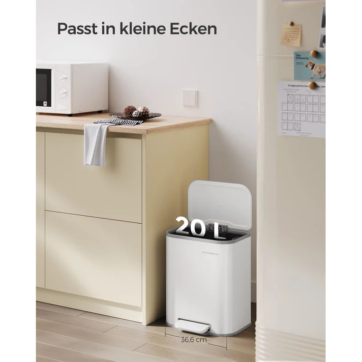 Songmics Mülleimer mit Deckel, Softclose & Offenhaltefunktion,  20 Liter, Stahl, 42,5 x 36,6 x 30 cm, Wolkenweiß – Bild 2