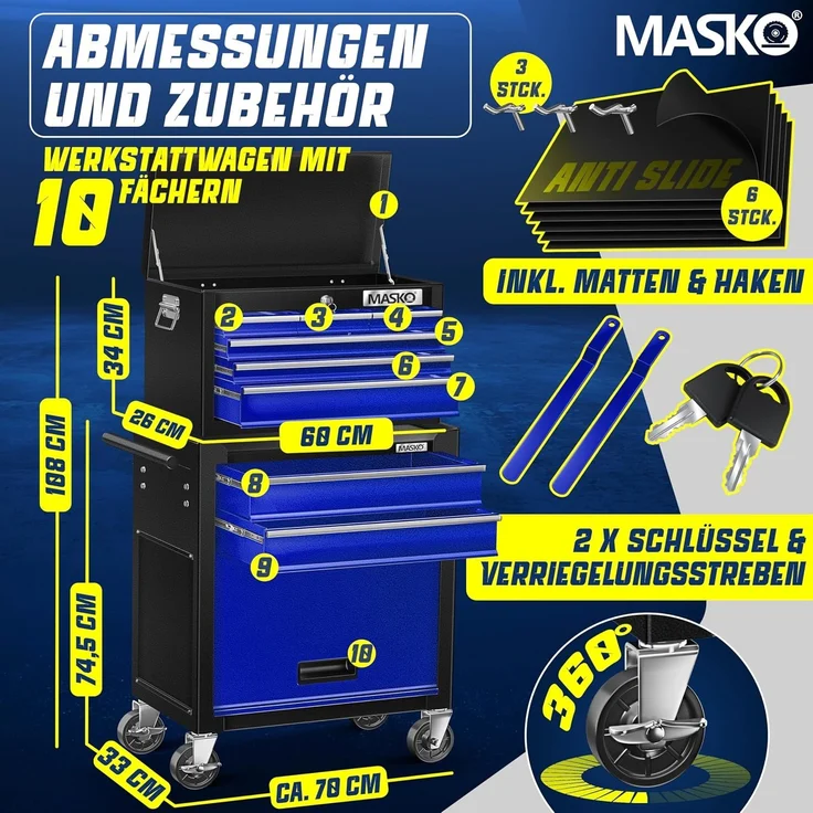 MASKO® Werkstattwagen inkl. Koffer, 9 Fächer, Abschließbar, Massives Metall, Werkzeug-Wagen ohne Werkzeug, Rollwagen zur Werkzeugaufbewahrung, mit Schloss, Blau – Bild 2