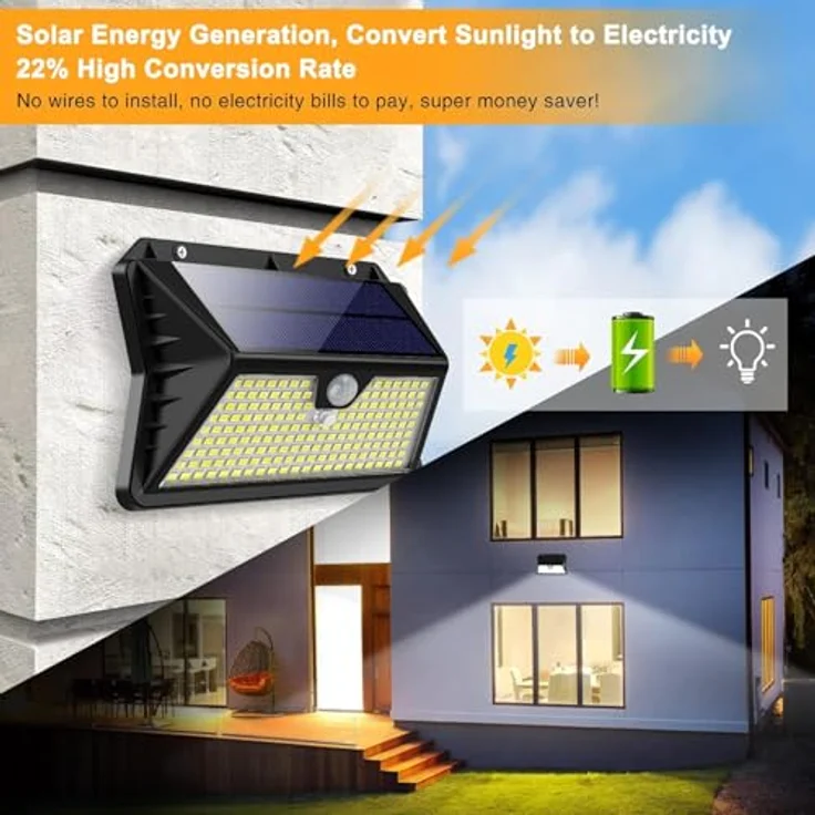 OUILA Solarlampen für Außen Wand【8 Stück】, 185 LED 3 Modi Solar Aussenleuchte mit Bewegungsmelder, IP65 Wasserdichte LED Solar Wandleuchte, Garten, Hof, Zaunbeleuchtung, Haustüren（Kaltes Weiß） – Bild 5