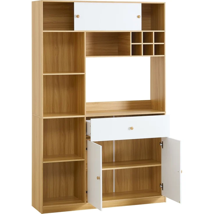 ZUBALIYA Buffetschrank 115x35x180 cm, mit LED-Beleuchtung, aus Spanplatte, Weiß / Natur – Bild 16