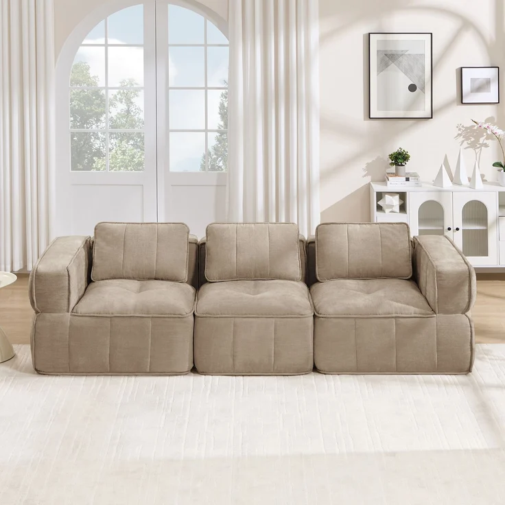 EINHOM Modulares 3-Sitzer-Sofa, stützenloses Design, 32D-Schaumstoff hoher Dichte, bequemer Stoff, geeignet für das Wohnzimmer, rutschfestes Design, keine Montage erforderlich, Sand – Bild 1