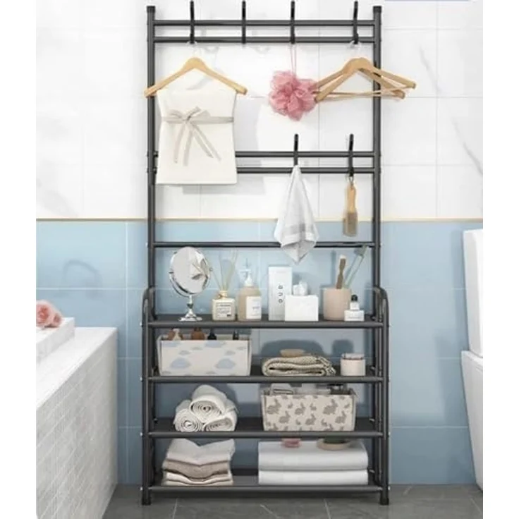 QLS Garderobenständer, mit Schuhregal 8 Haken 4 Ebenen Freistehend Stahl Schwarz – Bild 7