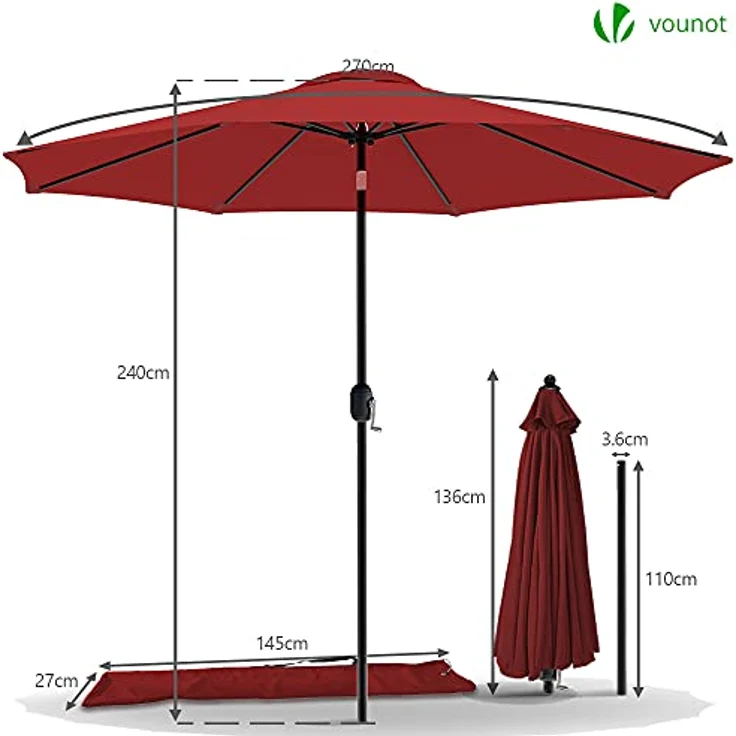 VOUNOT Sonnenschirm 270 cm mit Kurbelvorrichtung, Knickbar, Sonnenschutz UV-Schutz, Balkonschirm Gartenschirm Marktschirm mit Schutzhülle, Rot – Bild 7