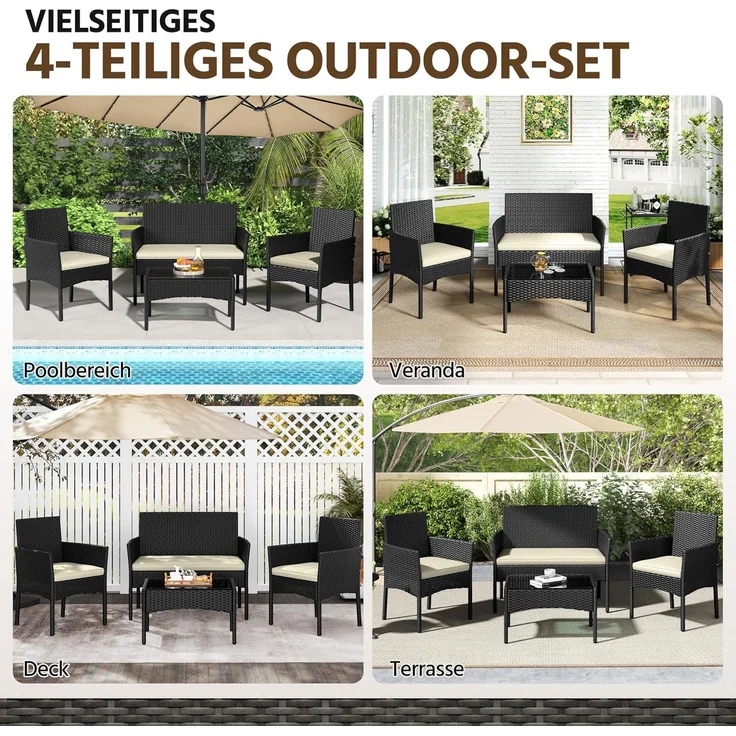 Yaheetech Balkonset Gartenmöbel-Set 4-er Set Rattanmöbel für 4 Personen, Gartengarnitur aus Zweisitzer-Sofa & 2 Einzelsofas & Kaffeetisch – Bild 5