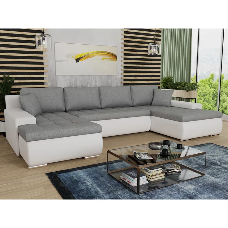Wohnlandschaft mit Schlaffunktion Faris U-Form - Couch, Schlafsofa mit Bettkasten, Couchgranitur mit Bettfunktion, Big Sofa, Bettsofa (Weiß + Grau (Madryt 120 + Inari 91))
