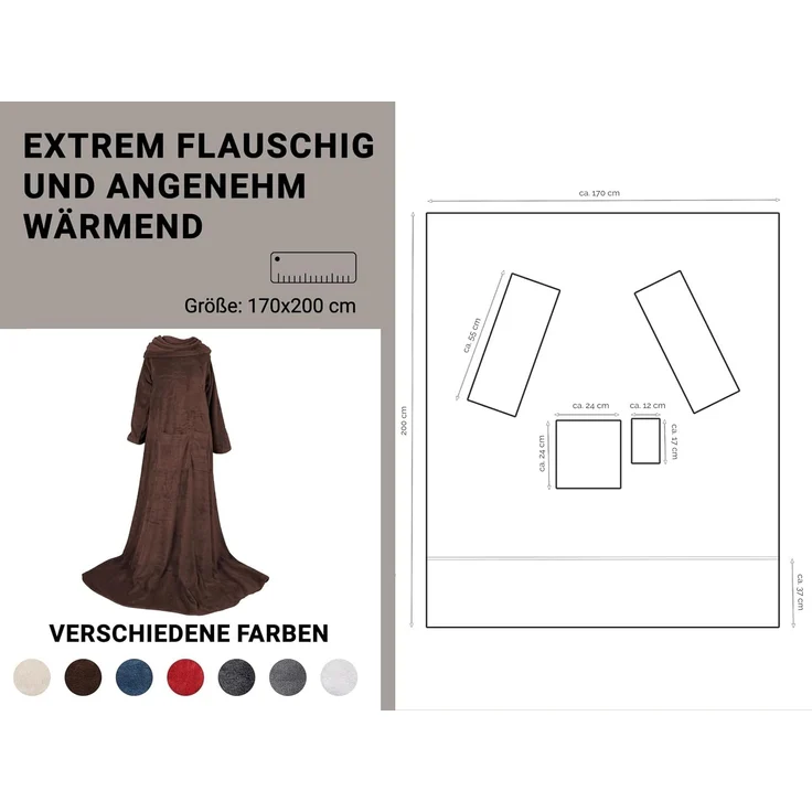 ZOLLNER Kuscheldecke mit Ärmeln, 170x200 cm, braun (schoko) – Bild 3