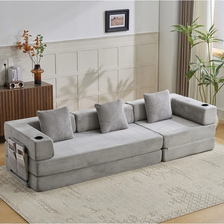 Klappbares Bodensofa mit Schlaffunktion, Cordbezug, Getränkehaltern und Seitentaschen, 277,5×92,5×60 cm, Hellgrau