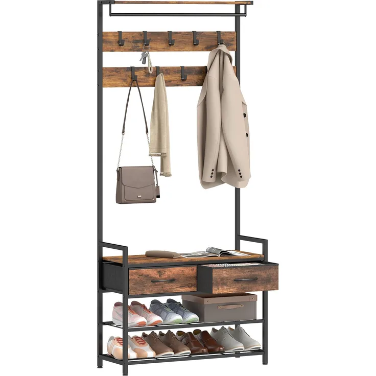 MELAYR, Garderobenständer mit Kleiderhaken, Schuhbank, 80 x 30 x 181.5 cm, Rustikal Braun