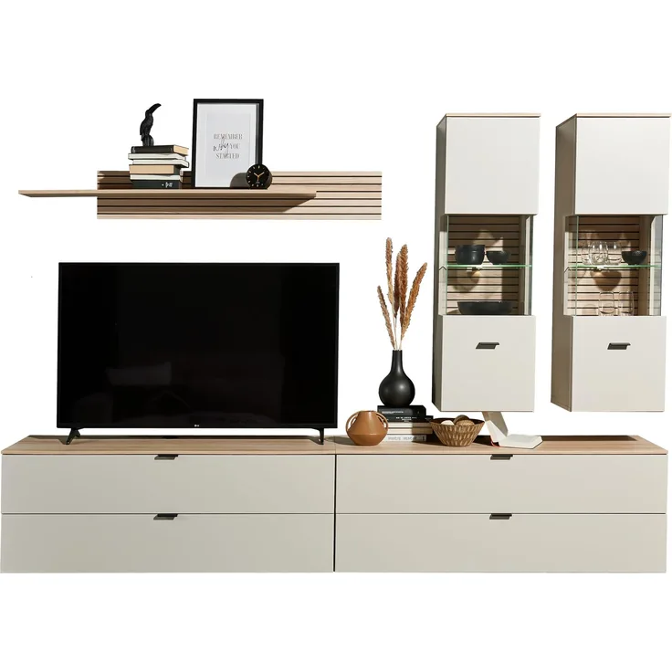 Stella Trading INA Wohnwand Komplett-Set in Kaschmir, Riva Eiche Optik FSC-Zertifiziert - Moderne Schrankwand 5-teilig mit LED-Beleuchtung für Ihr Wohnzimmer - 280 x 185 x 44 cm (B/H/T)