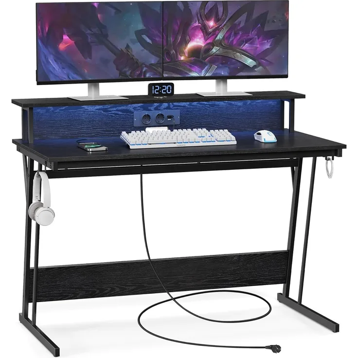 Vasagle Gaming Tisch mit eingebauter Steckdosenleiste und Monitorständer für 2 Monitore, Holz / Stahl klassikschwarz, 60 x 120 x 76 cm
