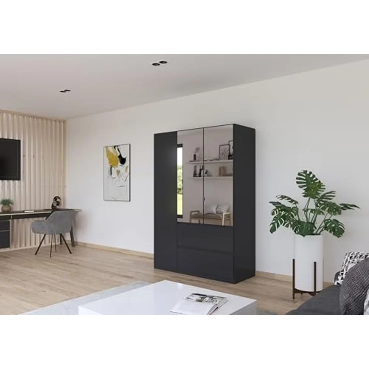 Rauch Möbel Costa, Kleiderschrank für Schlafzimmer, Kinderzimmer, Babyzimmer, Garderobe, 3-türig, Spiegel, 2 Schubladen, Push-to-Open, Zubehör Classic, Farbe Grau metallic, Schwarz, Breite 136 cm – Bild 4
