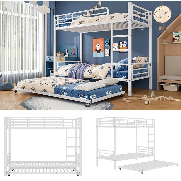 Bett 90x200/90x190 cm Etagenbett mit Ausziehbett, Weiß, Metall – platzsparend und EN-747-zertifiziert – Bild 8