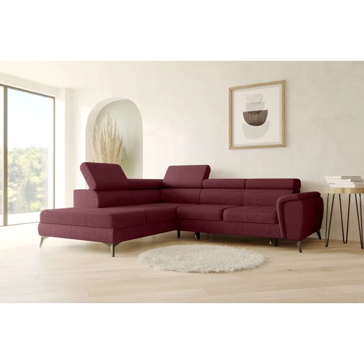 99rooms Parma Ecksofa Velours VOGUE Bordeaux Links mit Schlaffunktion und Stauraum