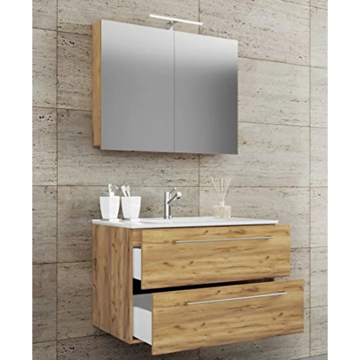 VCM Badmöbelset Badinos 3-tlg. mit Waschplatz, 2 Schubladen Unterschrank, Keramikwaschbecken und Spiegelschrank aus ESG-Sicherheitsglas – Bild 5