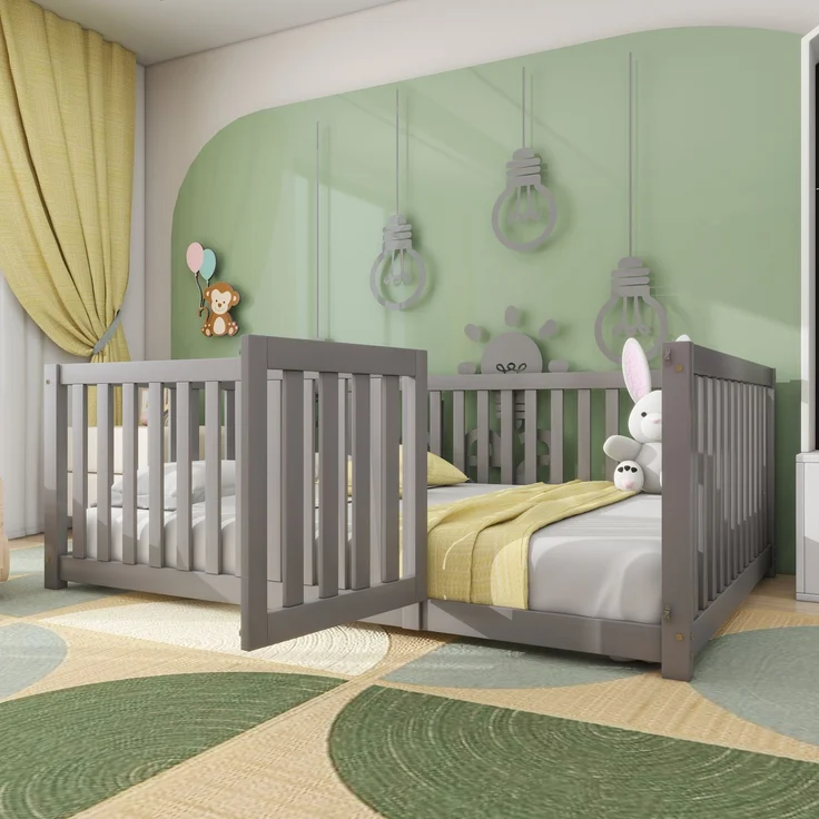 Kinderbett 140 x 200, Holzboden Bettrahmen mit Zaun und Tür, Grau (Alte SKUs:WF321564AAG) – Bild 2