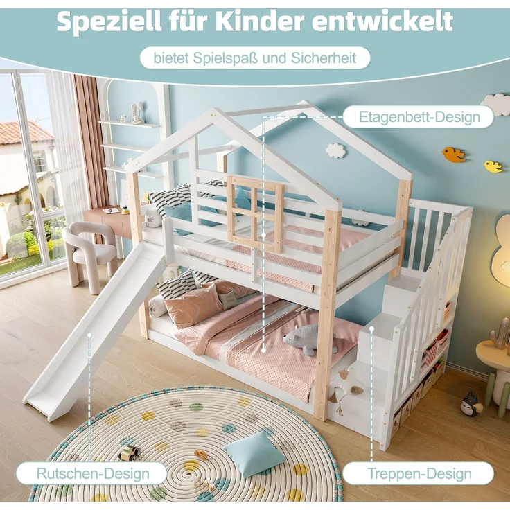 TavilaEcon Etagenbett Kinder-Etagenbett mit Rutsche und Treppe im skandinavisches Stil weiß Liegefläche 90 × 200 cm – Bild 5