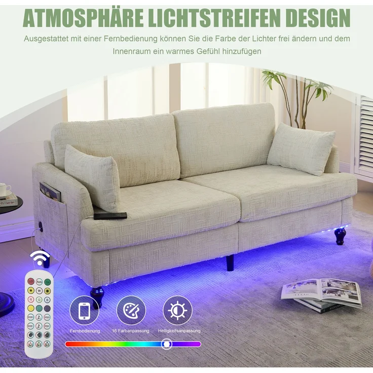2-sitziges Chenille-Sofa mit USB-Ladeanschluss, LED-Licht und Aufbewahrungstasche in Beige – Bild 7