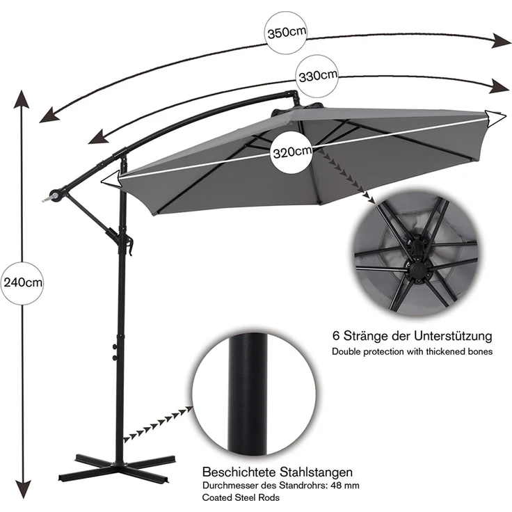 Ampelschirm ⌀3,5M Beige Sonnenschutz Kurbel Schattenspender Solar Gartenschirm – Bild 5