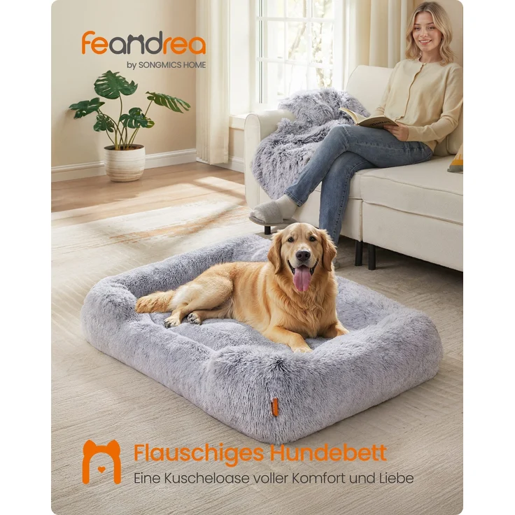 Feandrea Hundebett, Hundekissen, 106 x 75 x 20 cm, Hundekorb, weiche Polsterung, Hundesofa, erhöhte Ränder, Bezug abnehmbar und maschinenwaschbar, rutschfest, Ombré-Grau PGWDE273G01 – Bild 2