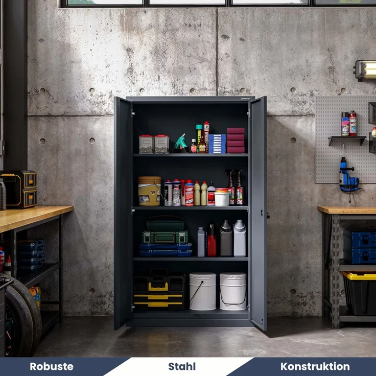 Metallschrank mit Sockel RUEL - 160x90x40cm Anthrazit | Büroschrank Aktenschrank Stahlschrank Fachbodenschrank Werkstattschrank – Bild 4