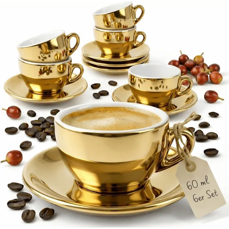 MUVELL Espressotasse 6x Espresso & Untertassen Set 0,8 cm dickwandig, goldfarben, 6-tlg, Keramik, 60 ml stoßfest und robust