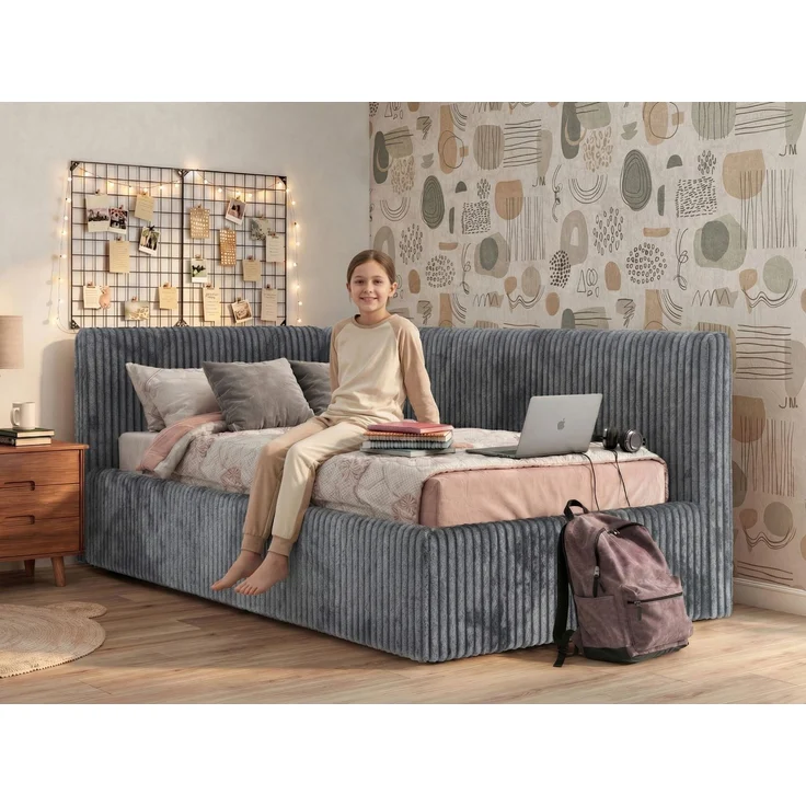 Jugendbett 90x200 cm TILVO mit Bettkasten, Polsterbett, Jugendzimmer, Lattenrost und gepolstertem Kopfteil, Pocket Matratze - Braun Cord - Rechts - VIRE LUX – Bild 3