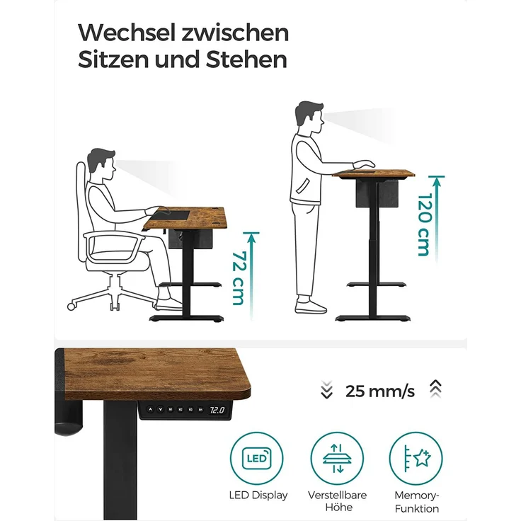Songmics Höhenverstellbarer Schreibtisch, elektrisch, stufenlos verstellbar, gespleißte Platte, 4 Höhe gespeichert, Stofftasche, 120 x 60 x (72-120) cm, aus Stahl, vintagebraun-schwarz LSD015X01 – Bild 4