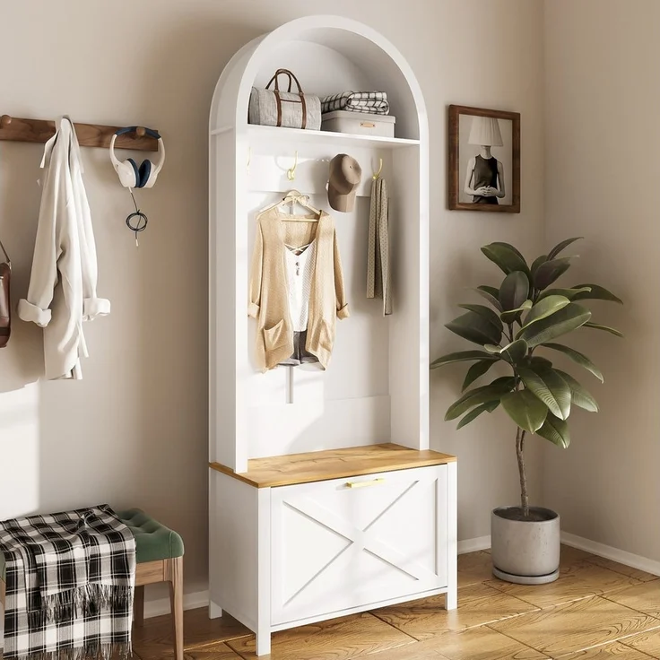 STILVORA Garderoben-Set mit Schuhregal,Wandgarderoben Garderobenständer mit Haken&Sitzbank, (Flurschrank, Garderobenständer, 1-St, 75 L x 35 B x 195 H), mit Schuhregal, Ablage und Haken – Bild 2