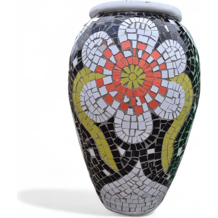 Pflanzgefäß "La Flora" Geschwungene Mosaikdesign Orange – Höhe 85 cm – Ø 40 cm – Handgefertigt aus Beton & Keramik-Mosaik