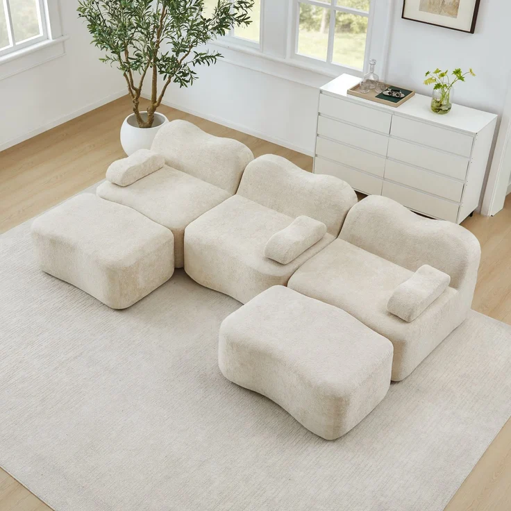 EINHOM 3-Sitzer U-förmiges Modulares Boneless Sofa mit 2 Ottomans, 32D Hochdichtschaum, Wellenform, tiefe Sitzfläche, bewegliches Armlehnenkissen, für Wohnzimmer, Beige – Bild 4