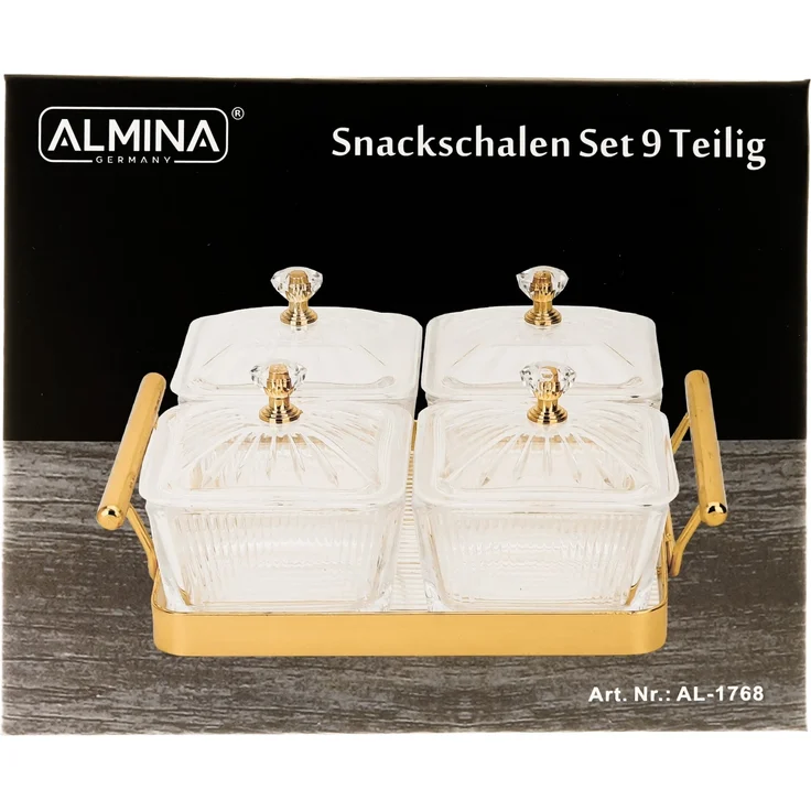 9 Teiliges Snackschalen-Set aus Glas mit goldenem Serviertablett & Knaufdeckel – Bild 9