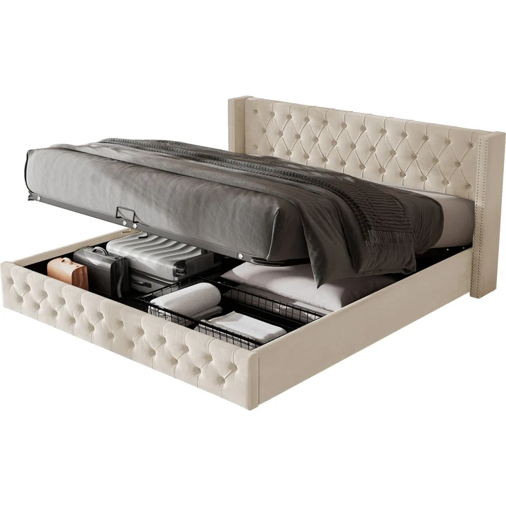 Polsterbett 140x200 cm aus Samt mit Bettkasten – Chesterfield-Design, Kopfteil 94,5 cm – Bild 6