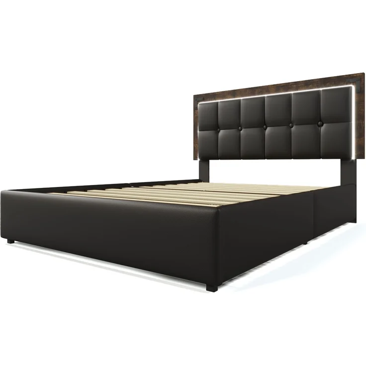Einzelbett 160x200 cm mit LED-Beleuchtung, 4 Schubladen, höhenverstellbares Kopfteil, Luxus-Kunstleder Schwarz – Bild 10