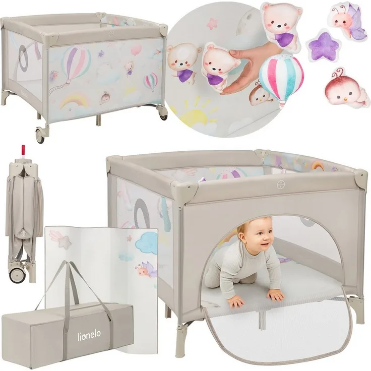 Lionelo 2-in-1 Laufstall und Reisebett mit Matratze für Babys Mille Plus bis 15 kg, 0–36 Monate, Seiteneinstieg, 3D-Matratze, 2 Rollen mit Bremse, Faltbar, Tragetasche, Graubeige